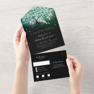 Elegante Grüntöne des Blauen Herzens Tree Hochzeit All In One Einladung