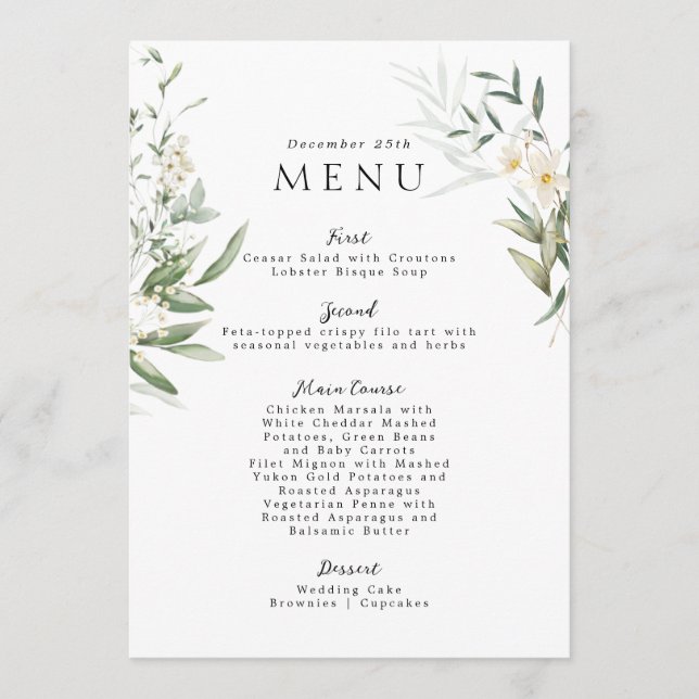 Elegante Grüntöne Schöne Hochzeitsmenüs Menükarte (Vorderseite)
