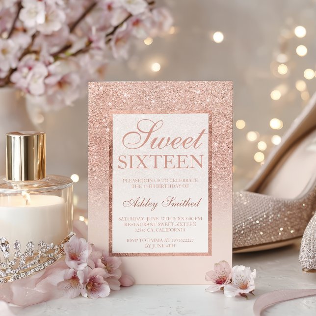 Elegante gürtelige Rose Gold Glitzer Chic Sweet 16 Einladung (Elegant girly rose gold glitter chic Sweet 16 Invitation)
