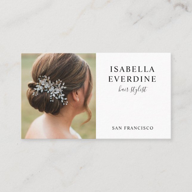 Elegante Hair Stylist Foto Business Card Visitenkarte (Vorderseite)