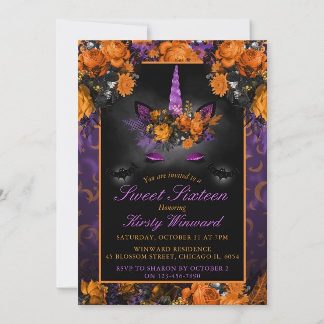 Elegante Halloween-Blume Einhorn Sweet 16 Einladung (Vorderseite)