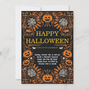 Elegante Halloween-Kostümparty mit Kürbis und Spin Einladung