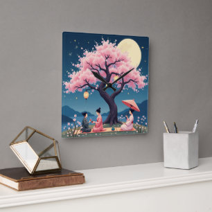 Elegante Hanami-Kirschblüten-Wanduhr Quadratische Wanduhr