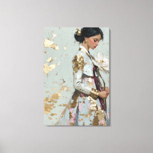 Elegante Hanbok aus Goldfolie und weiße Lotus-Lein Leinwanddruck
