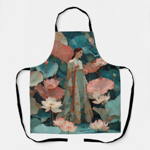 Elegante Hanbok-Frau im rosa Lotusgarten Schürze