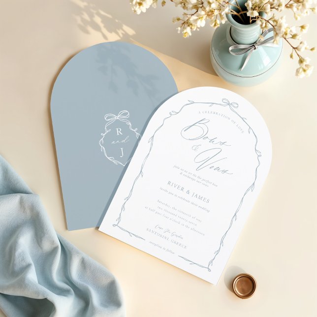 Elegante Hand Drawn Blue Bow & Ribbon Arch Wedding Einladung (Elegant Hand Drawn Blue Bow & Ribbon Arch Wedding Invitation)