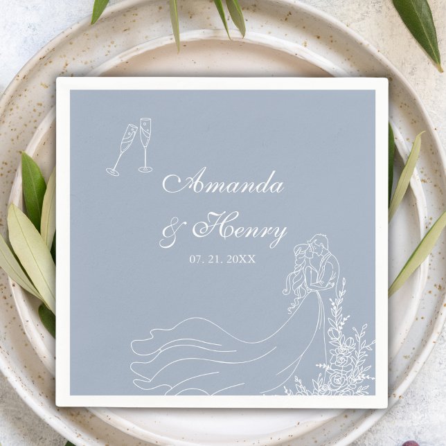 Elegante Hand Drawn Couple Dusty Blue Wedding Serviette (Von Creator hochgeladen)
