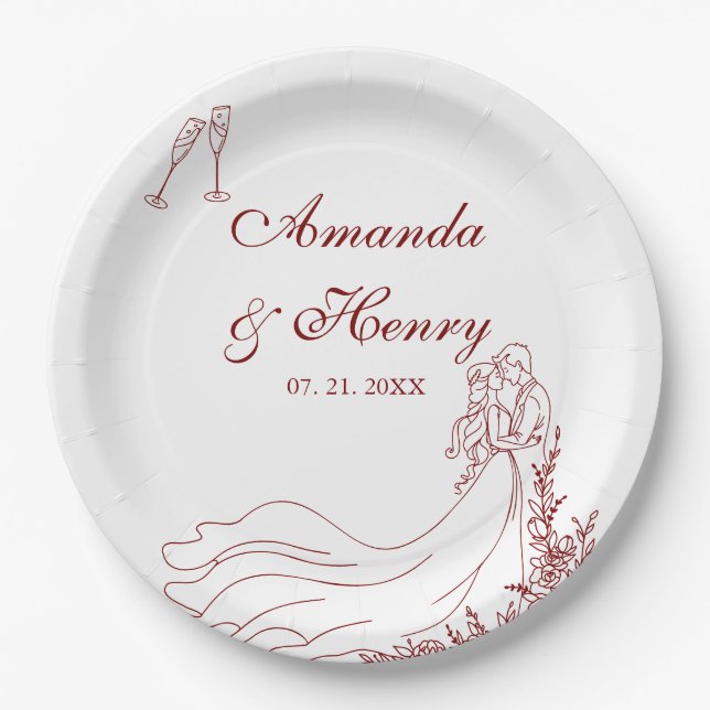 Elegante Hand Drawn Couple Wedding Pappteller (Vorderseite)