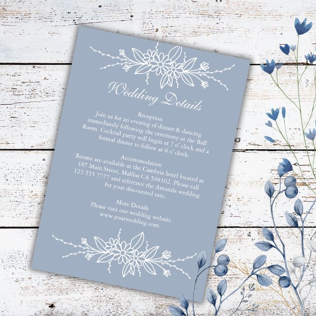 Elegante Hand Drawn Dusty Blue Wedding Details Begleitkarte (Von Creator hochgeladen)