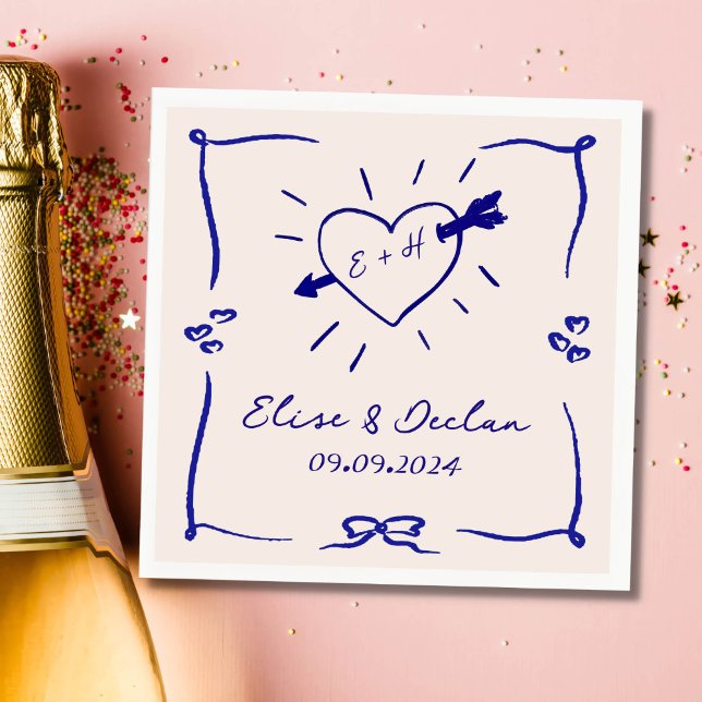 Elegante Hand Drawn Retro Blue Wedding Serviette (Von Creator hochgeladen)