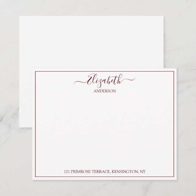 Elegante Hand Lettered Burgundy Name Address Note Mitteilungskarte (Vorne/Hinten)