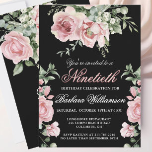 Elegante handbemalte Rose 90. Geburtstagsparty Einladung