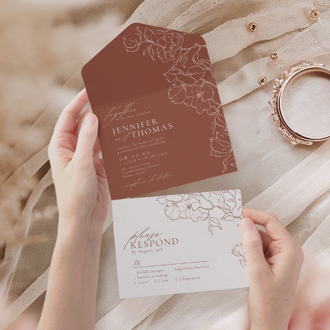 Elegante handgearbeitete Terrakotta Hochzeit All In One Einladung (Elegant hand drawn floral terracotta wedding all in one invitation)