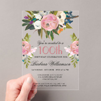Elegante handgemalte 100. Geburtstagsparty Acryleinladungen