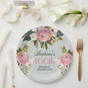 Elegante handgemalte florale 100. Geburtstagsfeier Pappteller