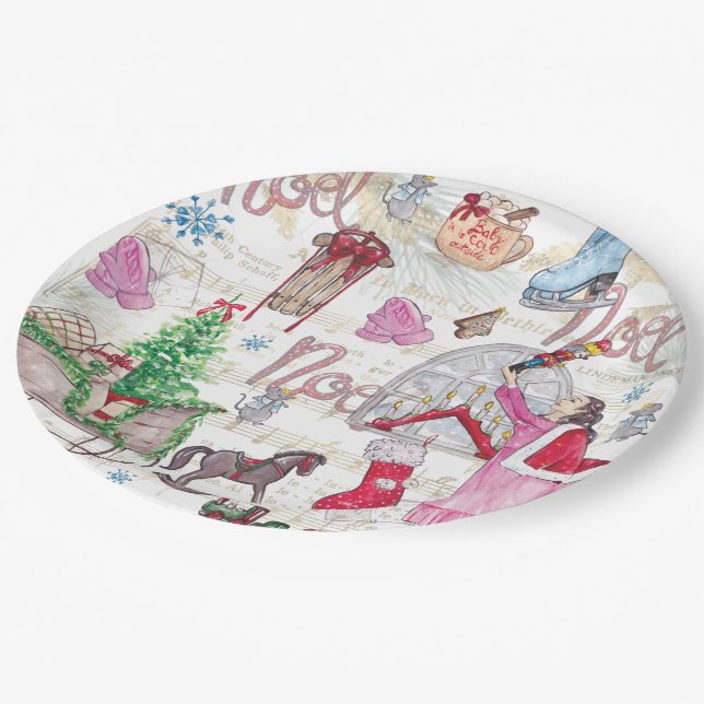 Elegante handgemalte Weihnachtsmärchen Pappteller (Schrägansicht)