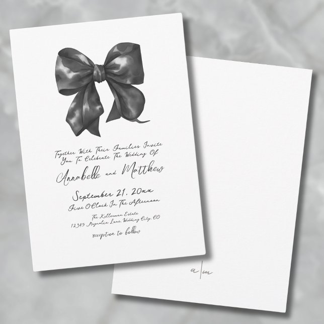Elegante, handgeschriebene Black Bow Wedding Einladung (Elegant Simple Handwritten Black Bow Wedding Invitation)
