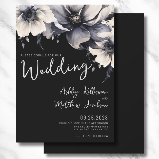 Elegante handgeschriebene Boho Floral Black Weddin Einladung (Modern Elegant Script Floral Black White Wedding Invitation)