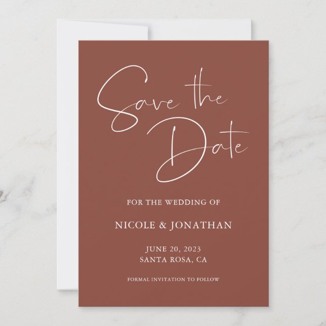Elegante handgeschriebene Kalligrafie Dark Terraco Save The Date (Vorderseite)