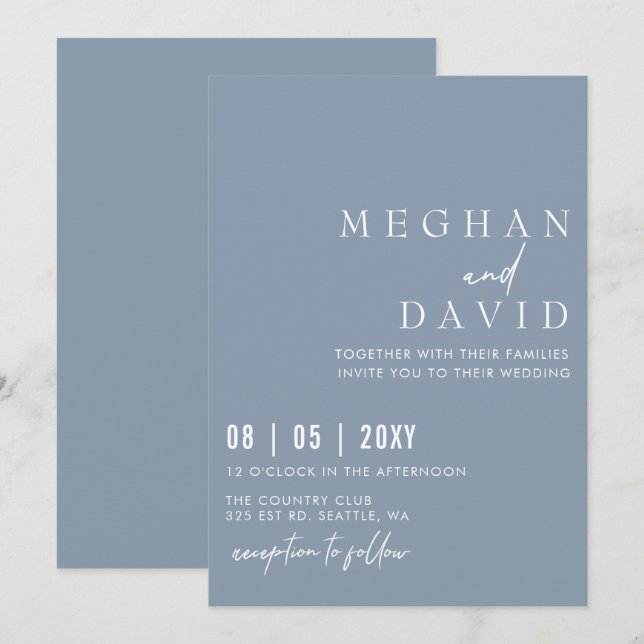 Elegante handgeschriebene Simple Dusty Blue Weddin Einladung (Vorne/Hinten)