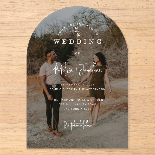 Elegante handgeschriebene Skript-Foto-Hochzeit Acryleinladungen (Vorderseite)