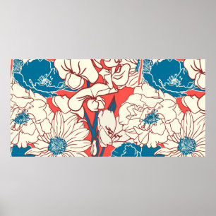 Elegante handgezeichnete Blumenmuster, Gartengarte Poster