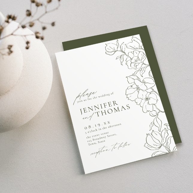 Elegante handgezeichnete Blütensafari Einladung (Elegant hand drawn floral sage green wedding invitation)