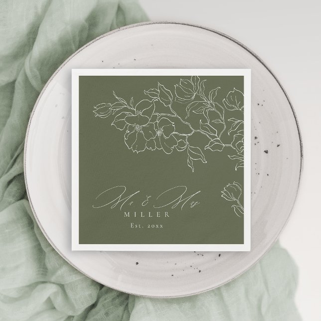 Elegante handgezeichnete Blütensafari Serviette (Elegant hand drawn floral sage green wedding napkins)