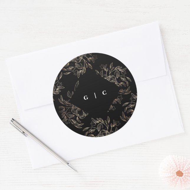 Elegante handgezeichnete Botanische Monogramm-Hoch Runder Aufkleber (Umschlag)