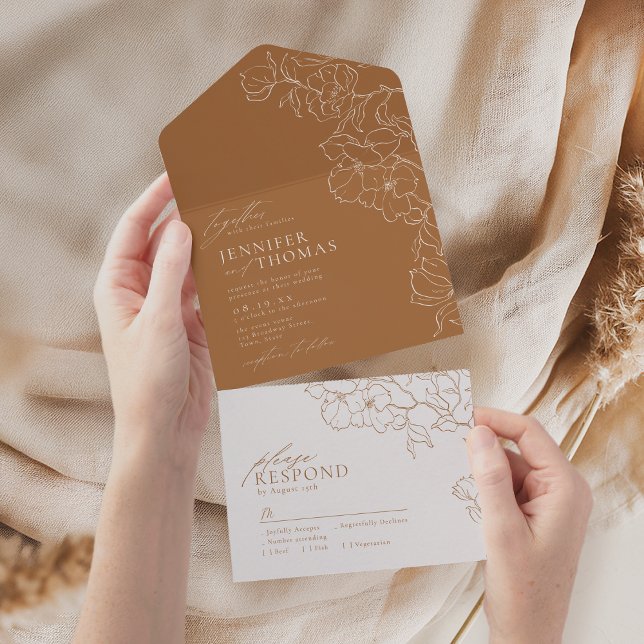 Elegante handgezeichnete goldene Hochzeit im Herbs All In One Einladung (Elegant hand drawn floral golden fall wedding all in one invitation)