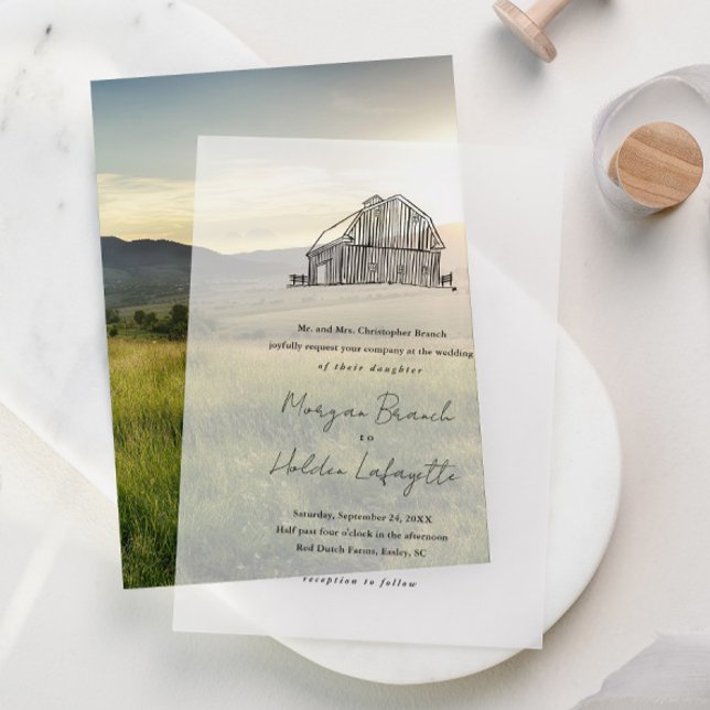Elegante handgezeichnete Hochzeit von Stallhütten (Rustic hand drawn barn vellum wedding invitations.)
