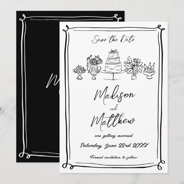 Elegante handgezeichnete Illustrationen Doodles Ho Save The Date (Vorne/Hinten)