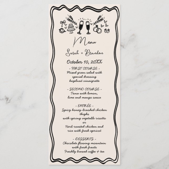 Elegante handgezeichnete Retro Black Wedding Menükarte (Vorderseite)
