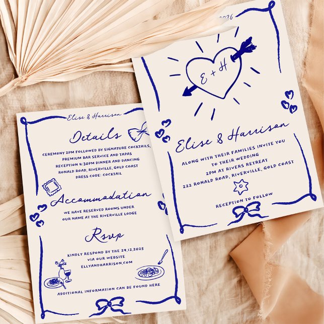 Elegante handgezeichnete Retro Blue Wedding Einlad Einladung (Von Creator hochgeladen)