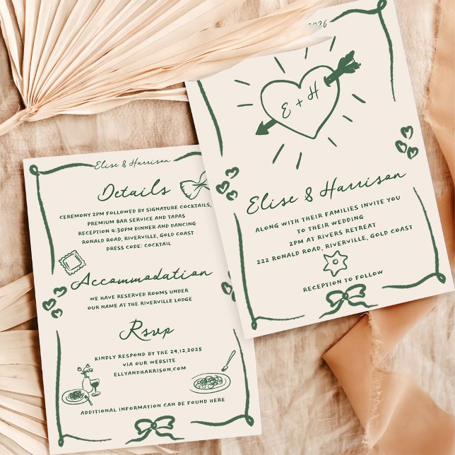 Elegante handgezeichnete Retro Grüne Hochzeit Einl Einladung (Von Creator hochgeladen)