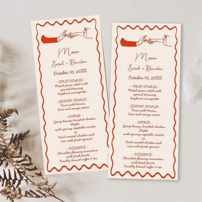 Elegante handgezeichnete Retro Orange Hochzeit Menükarte (Von Creator hochgeladen)
