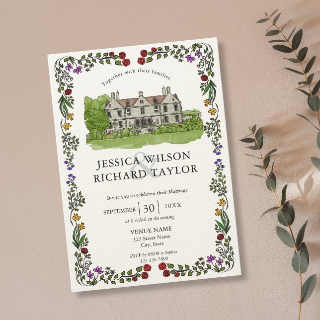 Elegante, handgezeichnete Venue Manor Illustration Einladung (illustrated wedding mansion venue with floral frame, wedding invitation)