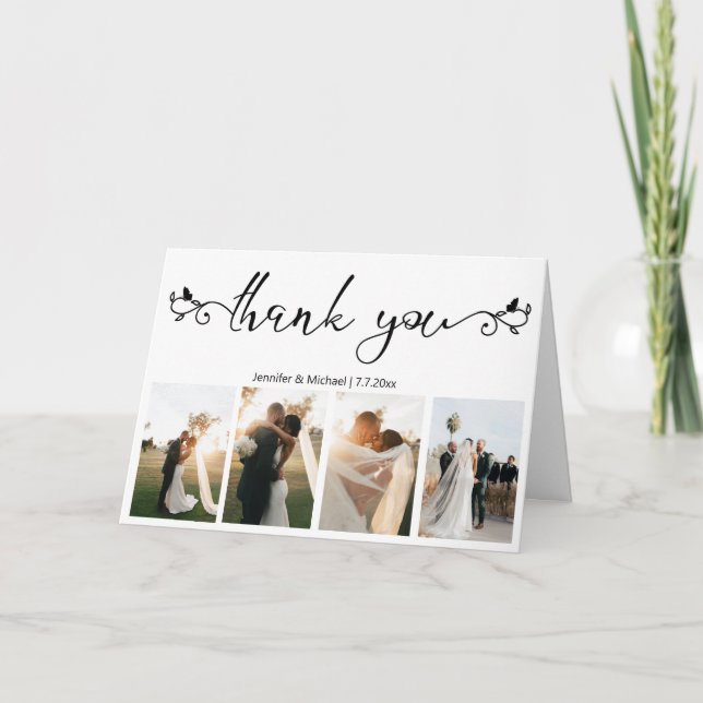 elegante Handschrift 4 Fotos Collage Hochzeit Dankeskarte (Vorderseite)