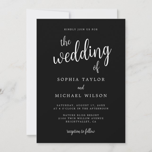 Elegante Handschrift Schwarz-weiße Hochzeit Einladung (Vorderseite)