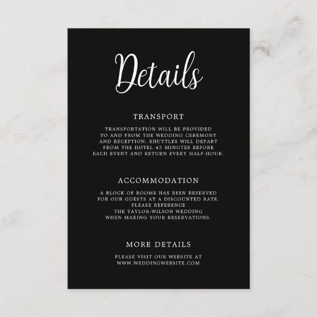 Elegante Handschrift Schwarz-weiße Hochzeitdetails Begleitkarte (Vorderseite)