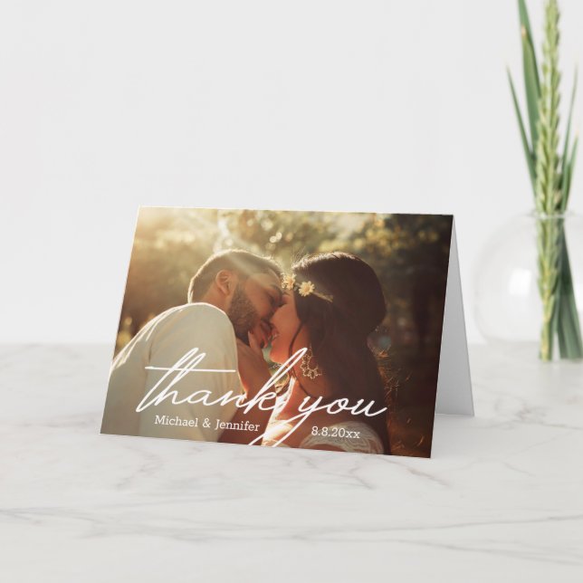elegante handschriftliche Hochzeit 2 Fotos Dankeskarte (Vorderseite)
