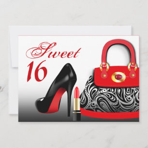 Elegante Handtasche, hohe Absätze und Lippenstift  Einladung