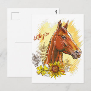Elegante Handzeichnung Pferd mit Pflanzen und Blum Postkarte