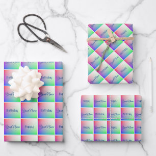 Elegante Happy Birthday Rainbow Art Square Muster Geschenkpapier Set