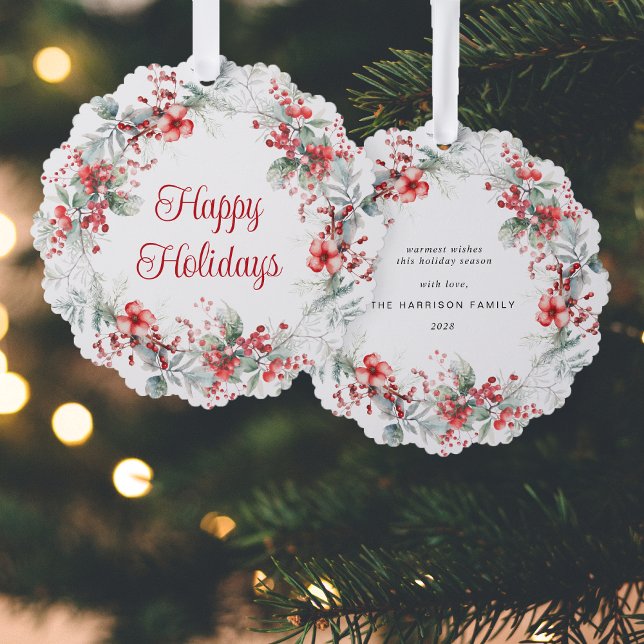 Elegante Happy Holidays Wreath Ornament Karte (Share the love and warmth of the holiday season with a paper ornament card)