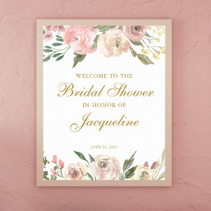 Elegante Hauch Rosa Elfenbein Gold Blumen Hochzeit Poster