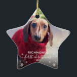 Elegante Haustiere "First Christmas" 2 Foto Weihna Keramik Ornament<br><div class="desc">Elegantes Weihnachtsdekor mit weißer Schneeflocke,  ein Overlay,  die Möglichkeit,  zwei Fotos für Haustiere hochzuladen und ihren Namen und das Jahr anzupassen. Perfektes Geschenk für Haustierbesitzer.</div>