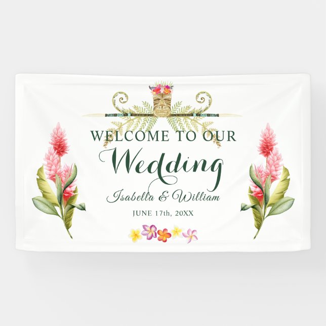 Elegante hawaiische Tiki tropische Sommer-Hochzeit Banner (Horizontal)