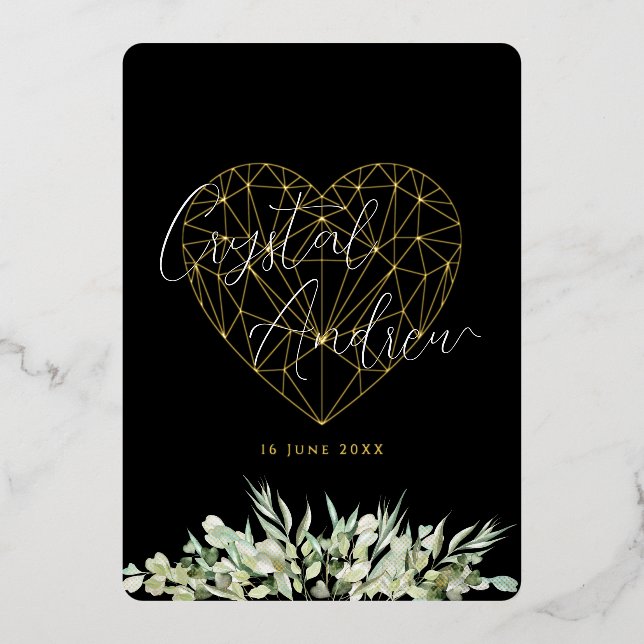 Elegante Heart Black Foliage Formal Wedding Folieneinladung (Vorderseite)
