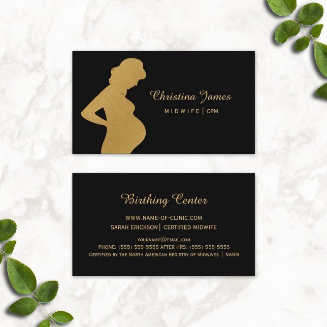 Elegante Hebamme Black and Imitate Goldene Schwang Visitenkarte (Elegant Midwife Black and Faux Gold Pregnant Woman Business Cards)